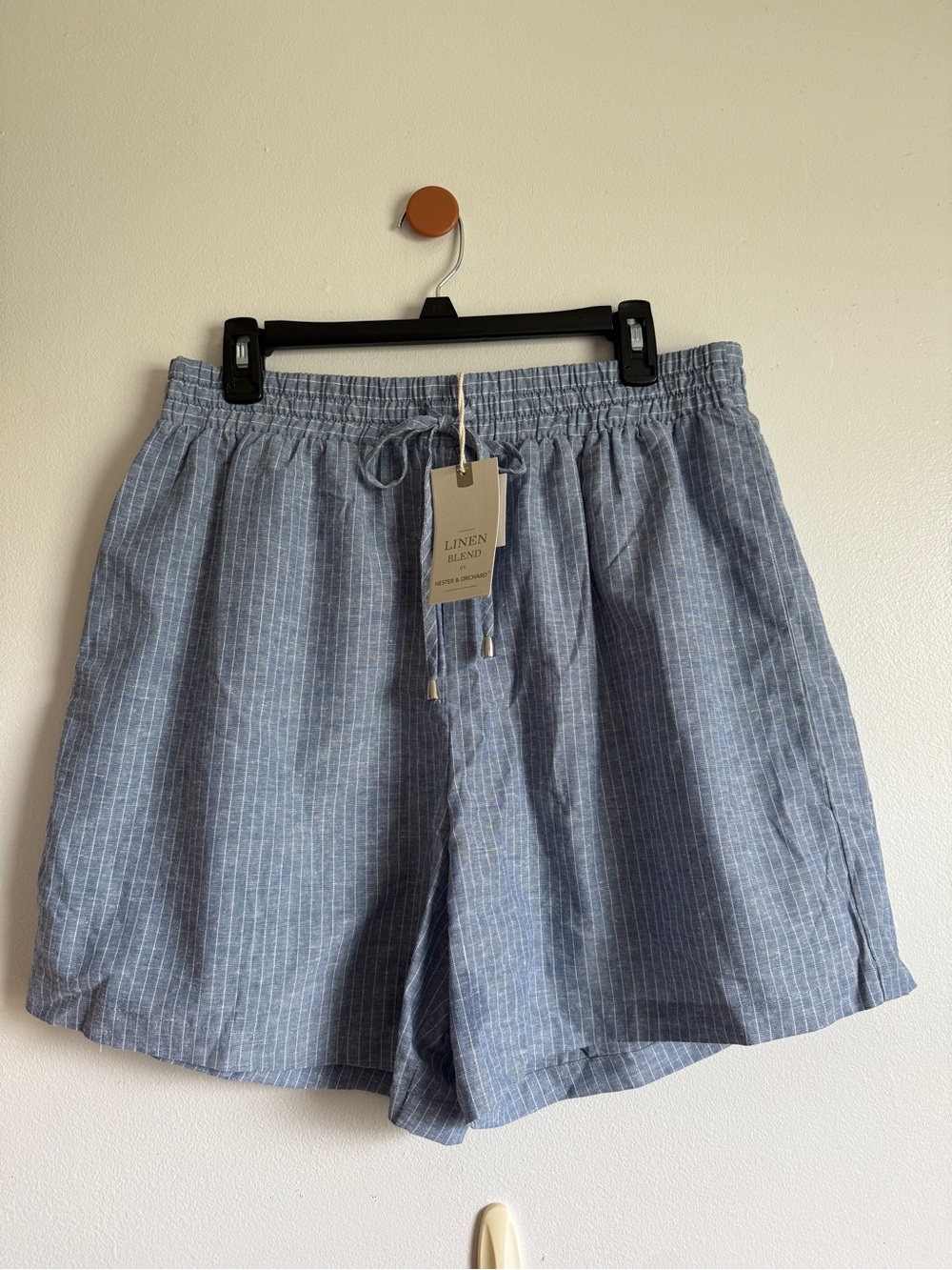 Linen Blend High-Waist Drawstring Shorts - Blue Stripe